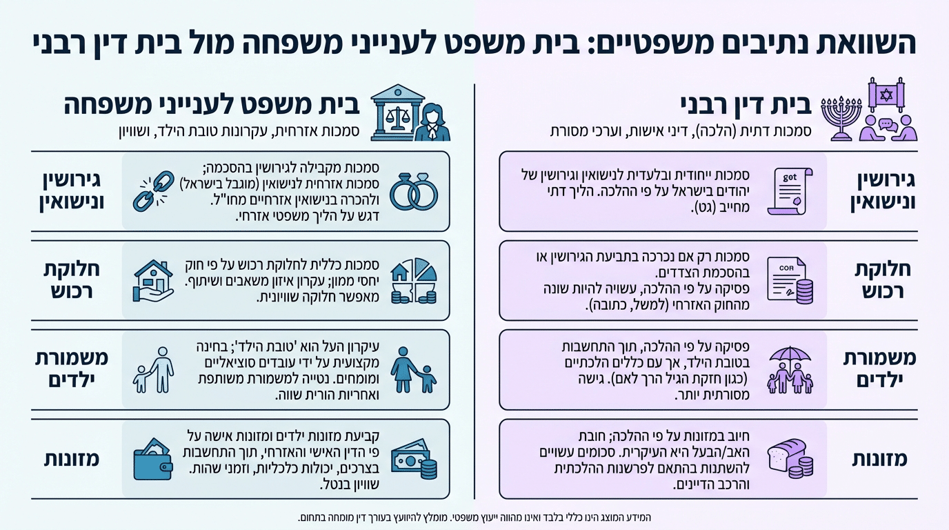 השוואה בין בית משפט לענייני משפחה לבית דין רבני