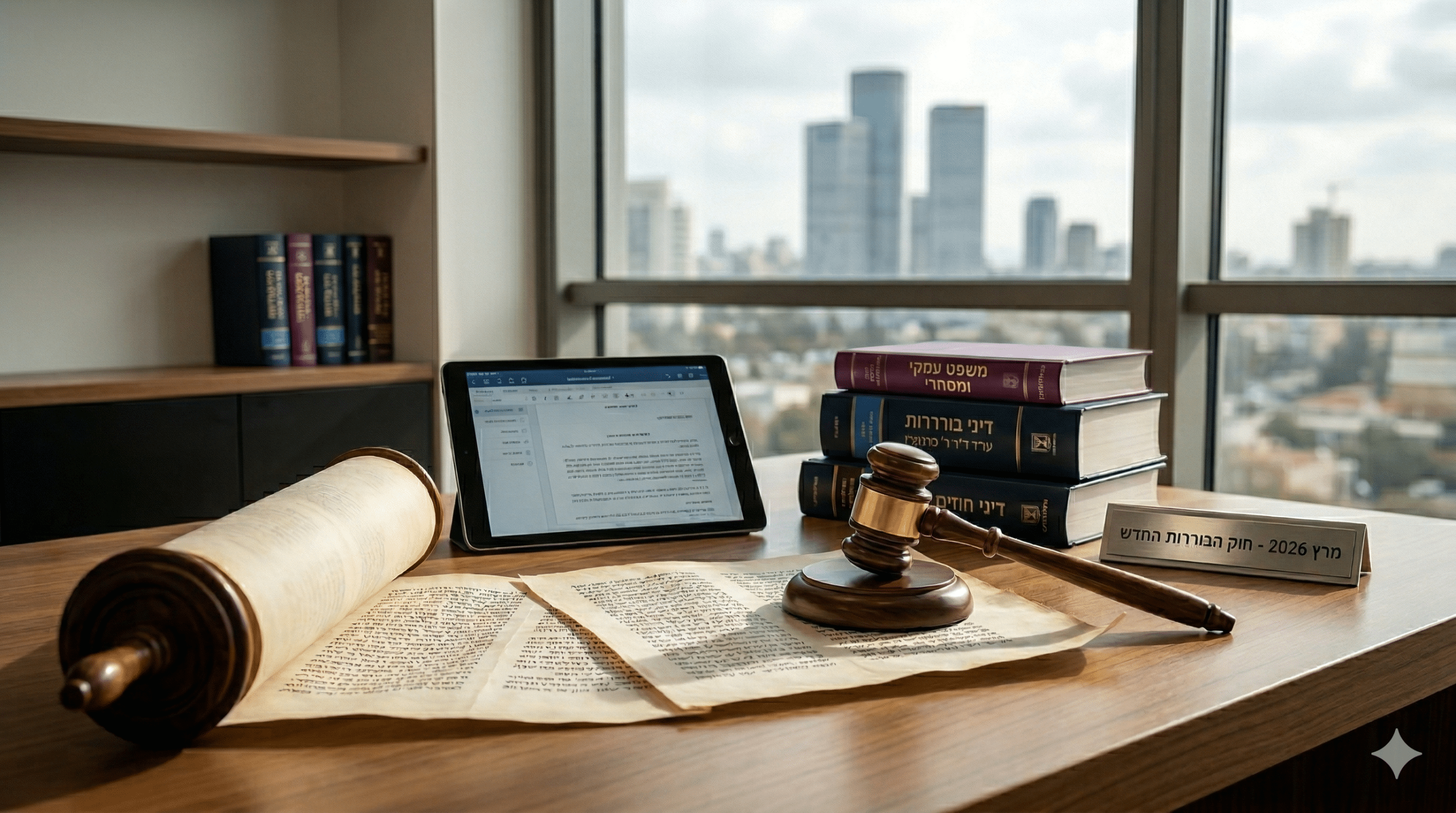שולחן עבודה במשרד עו"ד חיה לזר נוטקין בראשון לציון עם פטיש שופט, וספרי בוררות, המציין את חוק הבוררות החדש ברבנות ממרץ 2026.