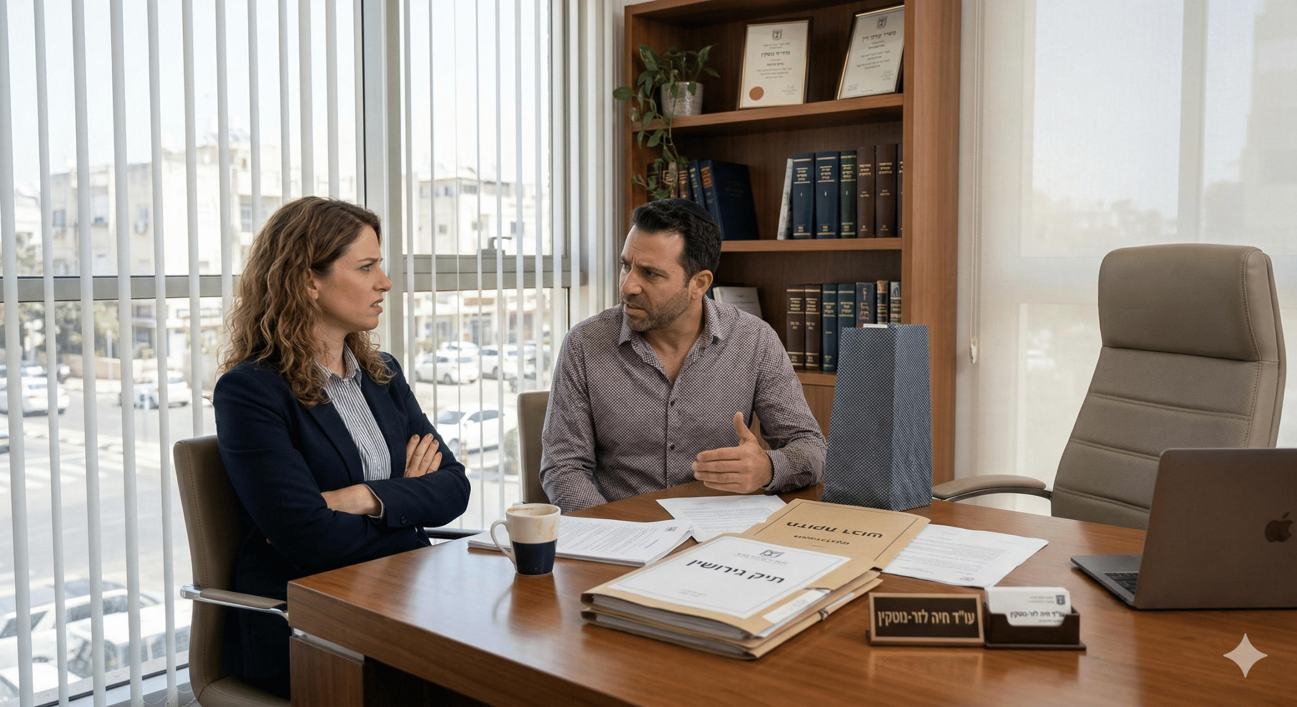 זוג בייעוץ משפטי אצל עורכת דין לגירושין בראשון לציון בנושא הסדרי שהות במילואים ומזונות במלחמה.